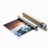 Minimalist Coastal Landscape Art – Sunset Mist Over Rocky Shoreline