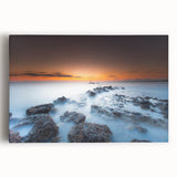 Minimalist Coastal Landscape Art – Sunset Mist Over Rocky Shoreline