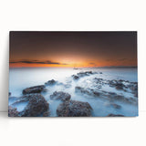 Minimalist Coastal Landscape Art – Sunset Mist Over Rocky Shoreline