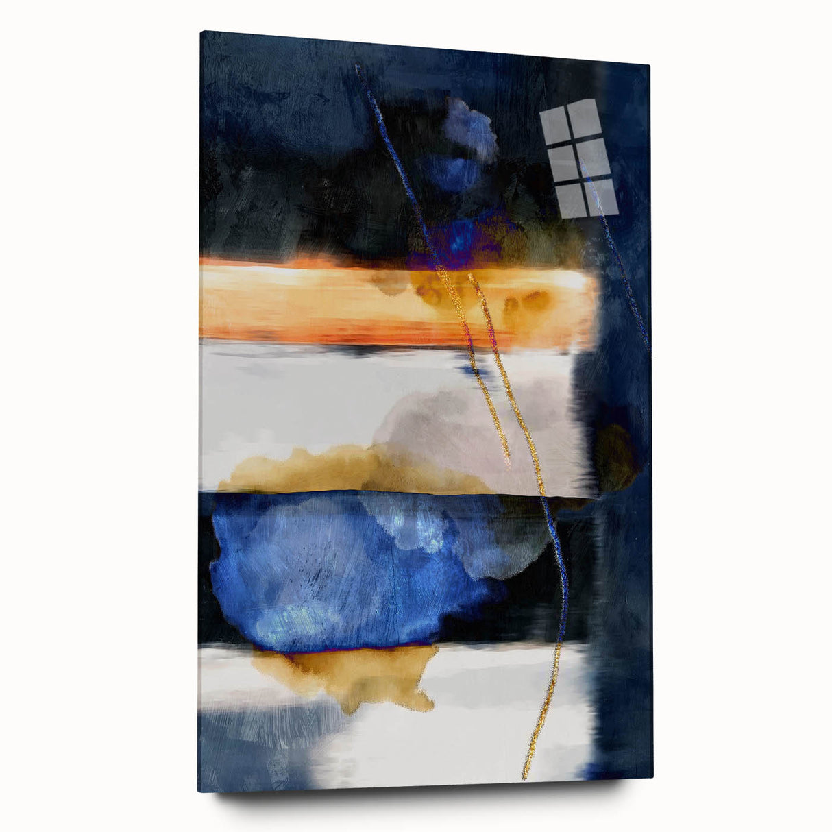 Geometric Abstract Canvas Art – Navy, Gold, and Cobalt Brush Forms