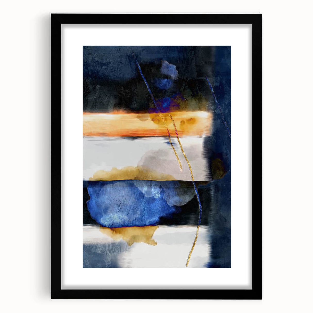 Geometric Abstract Canvas Art – Navy, Gold, and Cobalt Brush Forms
