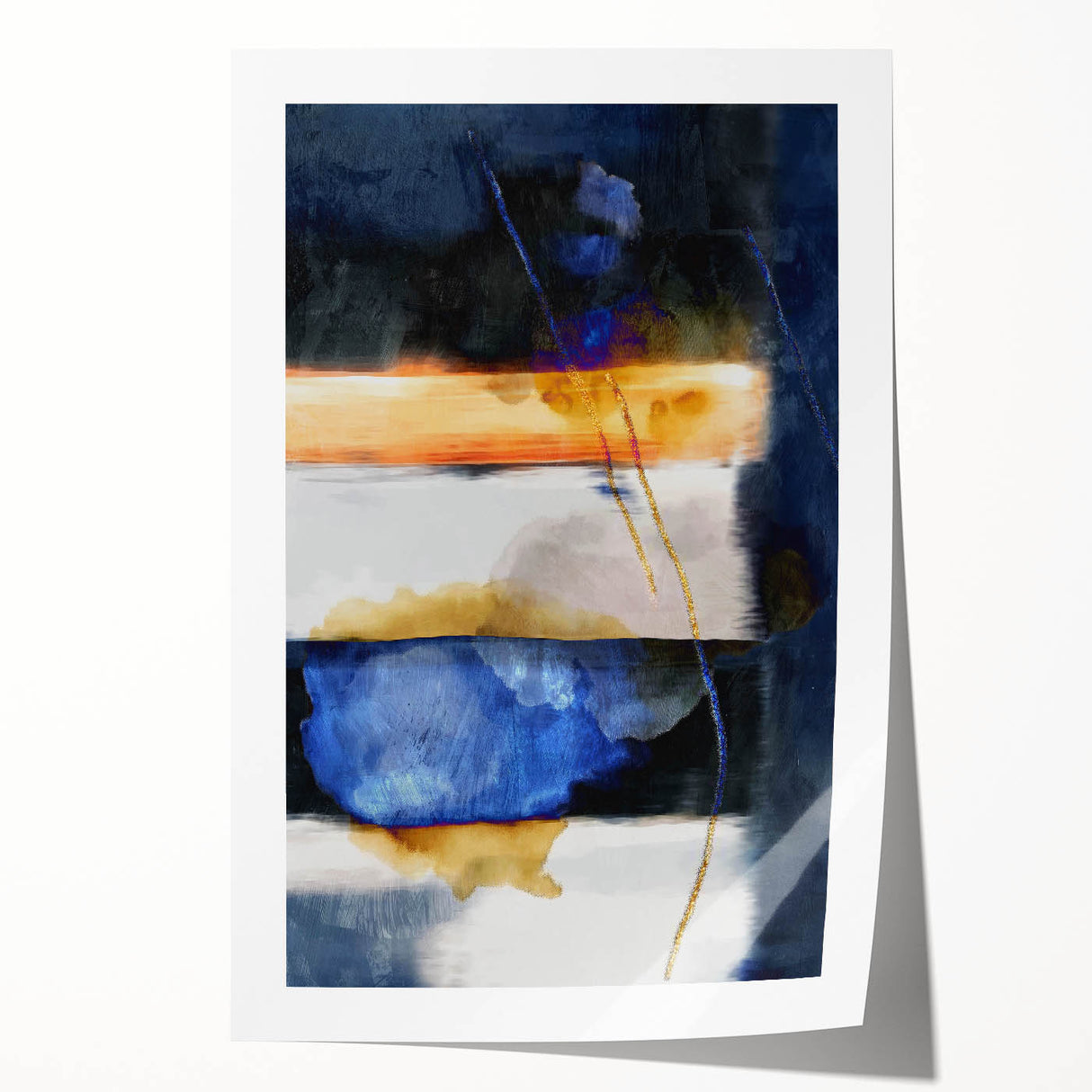 Geometric Abstract Canvas Art – Navy, Gold, and Cobalt Brush Forms