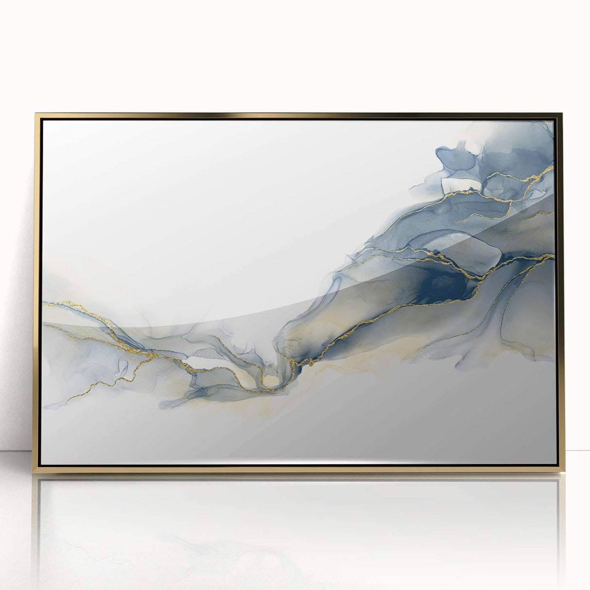 Minimalist Fluid Abstract Art – Navy & Gold Ink Swirl Canvas