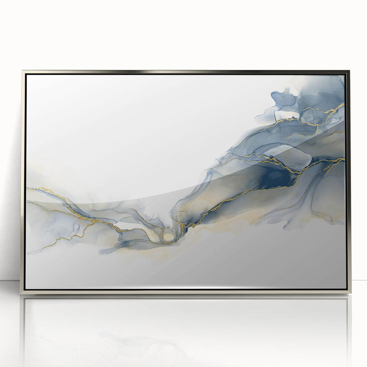 Minimalist Fluid Abstract Art – Navy & Gold Ink Swirl Canvas