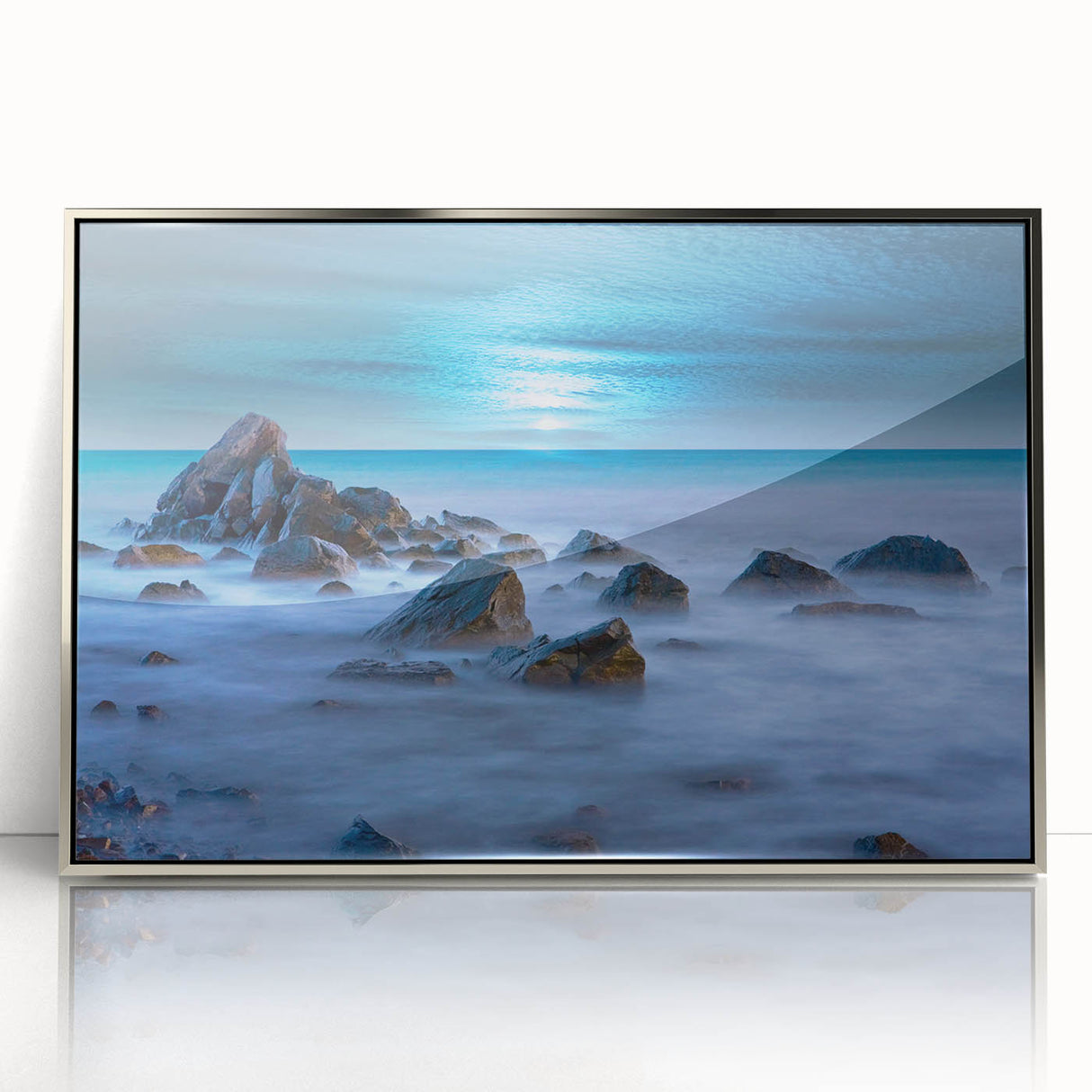 Tranquil Nature Canvas Prints – Misty Ocean Rocks at Dusk