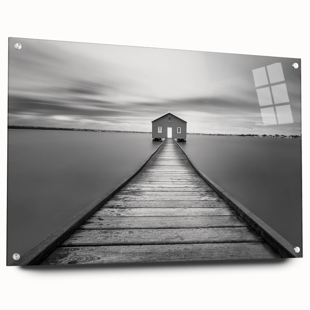 Serene Pier and Solitary House – Minimalist Black & White Wall Art