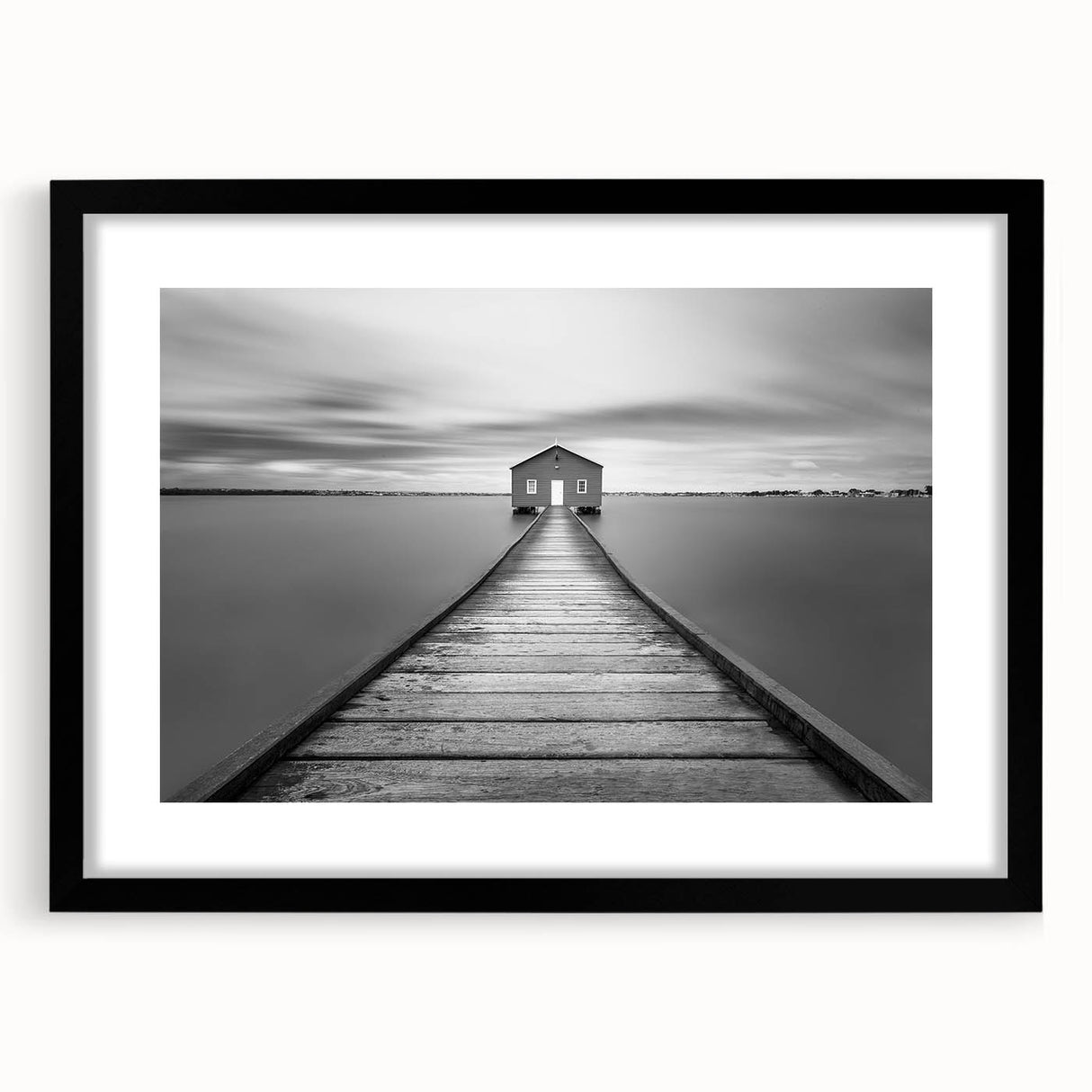 Serene Pier and Solitary House – Minimalist Black & White Wall Art