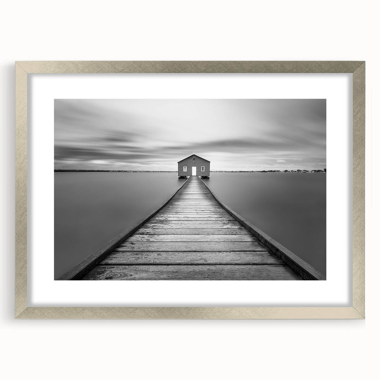 Serene Pier and Solitary House – Minimalist Black & White Wall Art