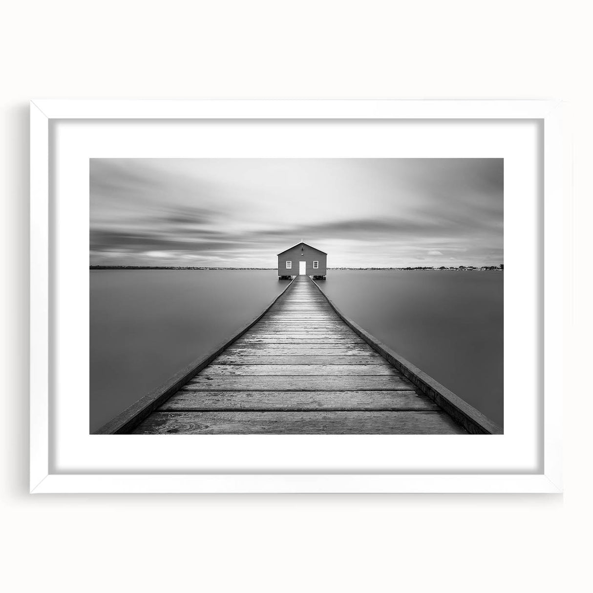 Serene Pier and Solitary House – Minimalist Black & White Wall Art