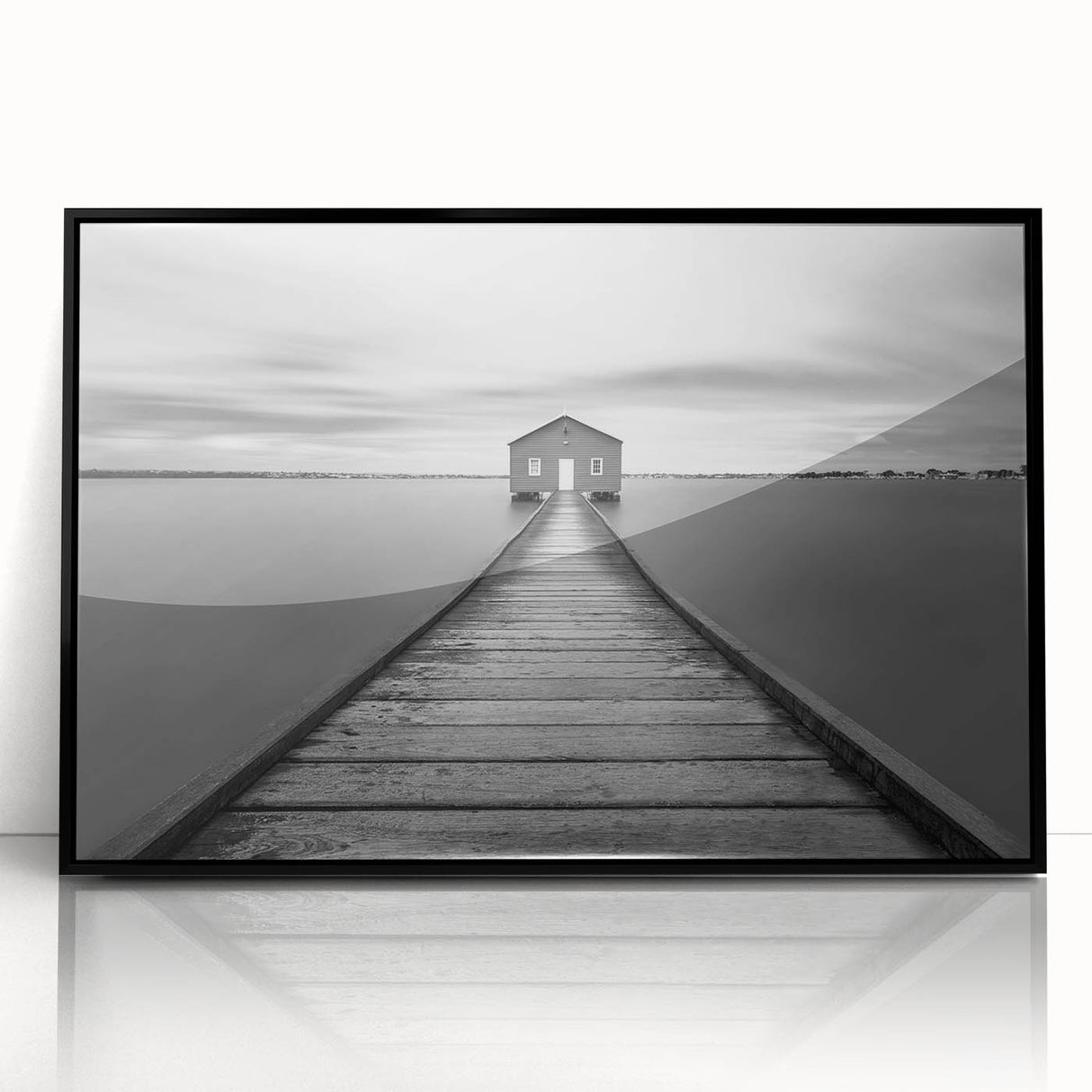 Serene Pier and Solitary House – Minimalist Black & White Wall Art