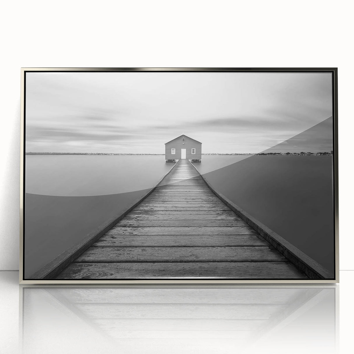 Serene Pier and Solitary House – Minimalist Black & White Wall Art