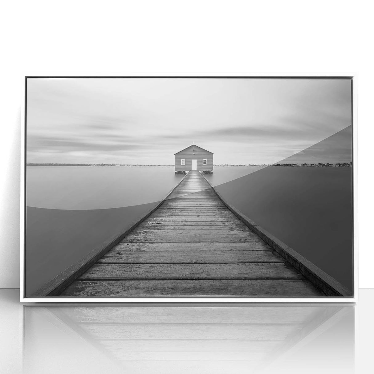 Serene Pier and Solitary House – Minimalist Black & White Wall Art