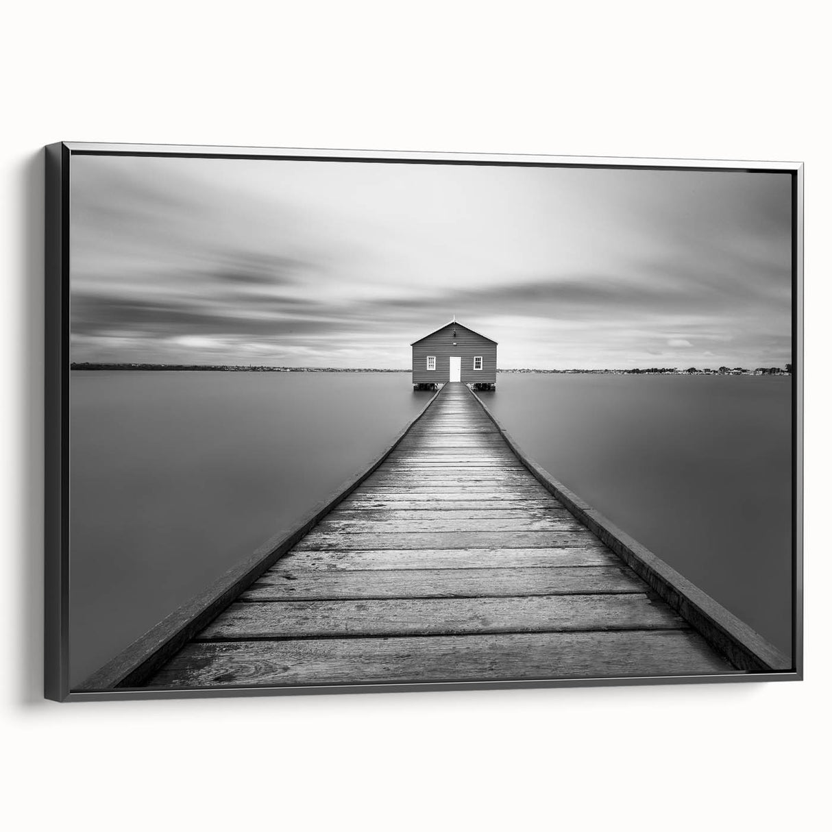 Serene Pier and Solitary House – Minimalist Black & White Wall Art