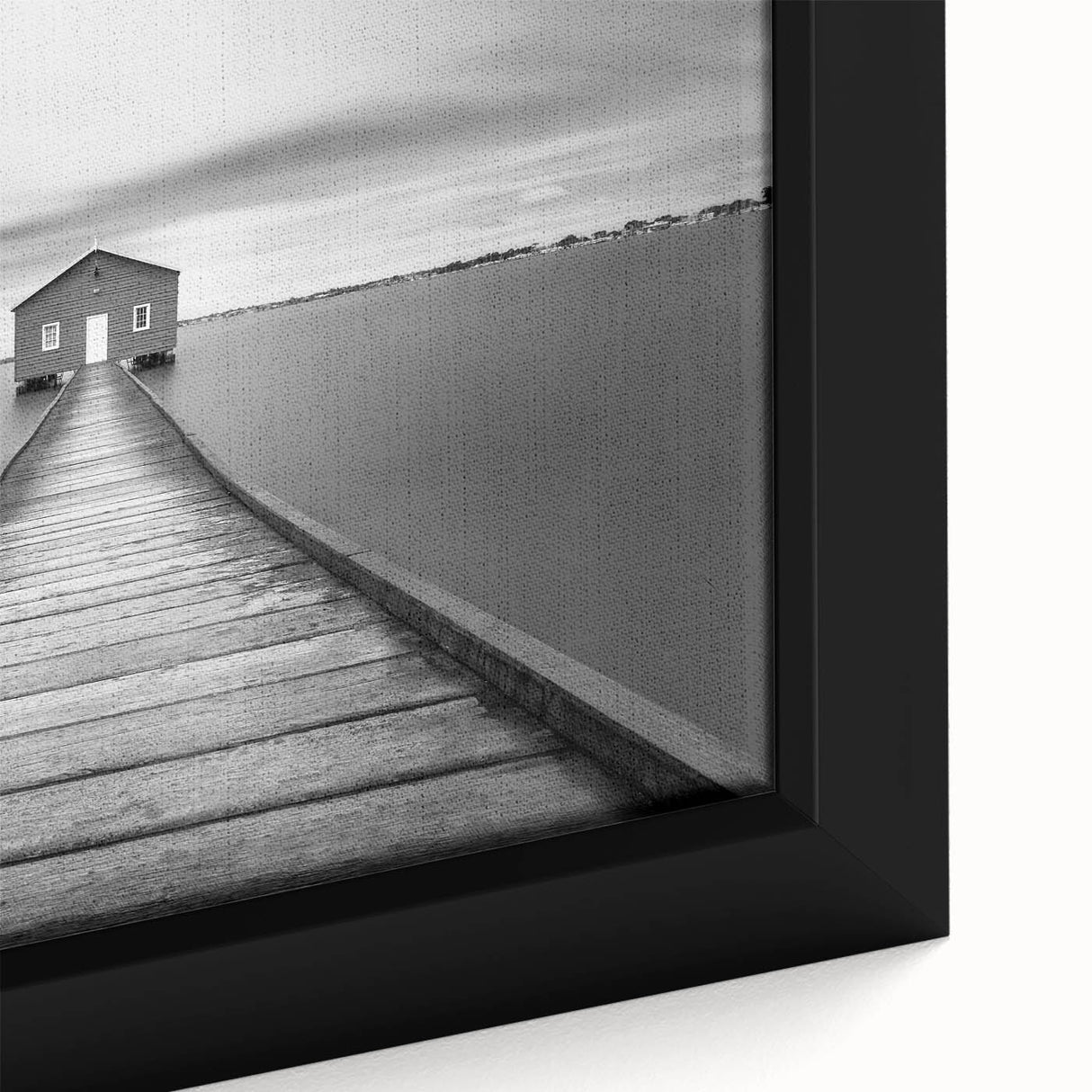 Serene Pier and Solitary House – Minimalist Black & White Wall Art