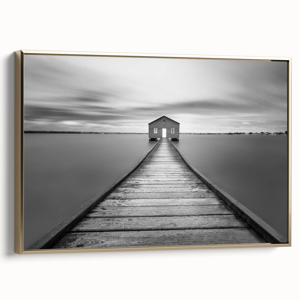 Serene Pier and Solitary House – Minimalist Black & White Wall Art