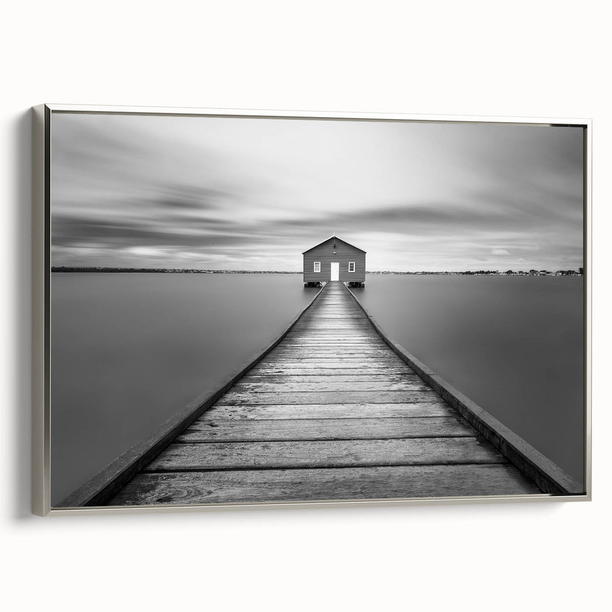 Serene Pier and Solitary House – Minimalist Black & White Wall Art