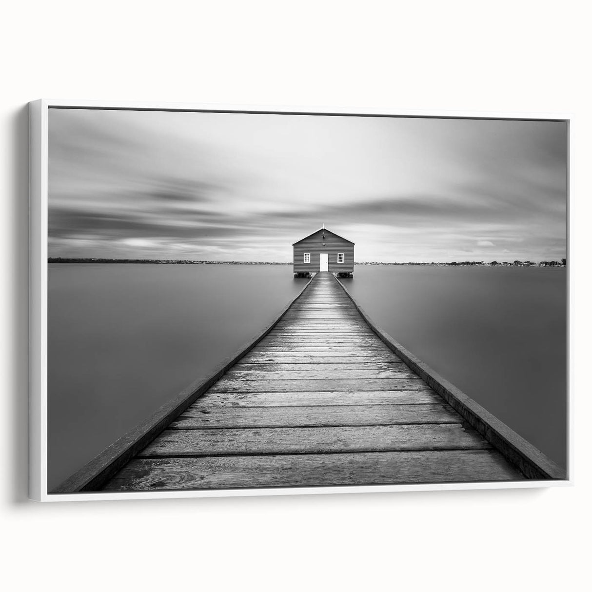Serene Pier and Solitary House – Minimalist Black & White Wall Art