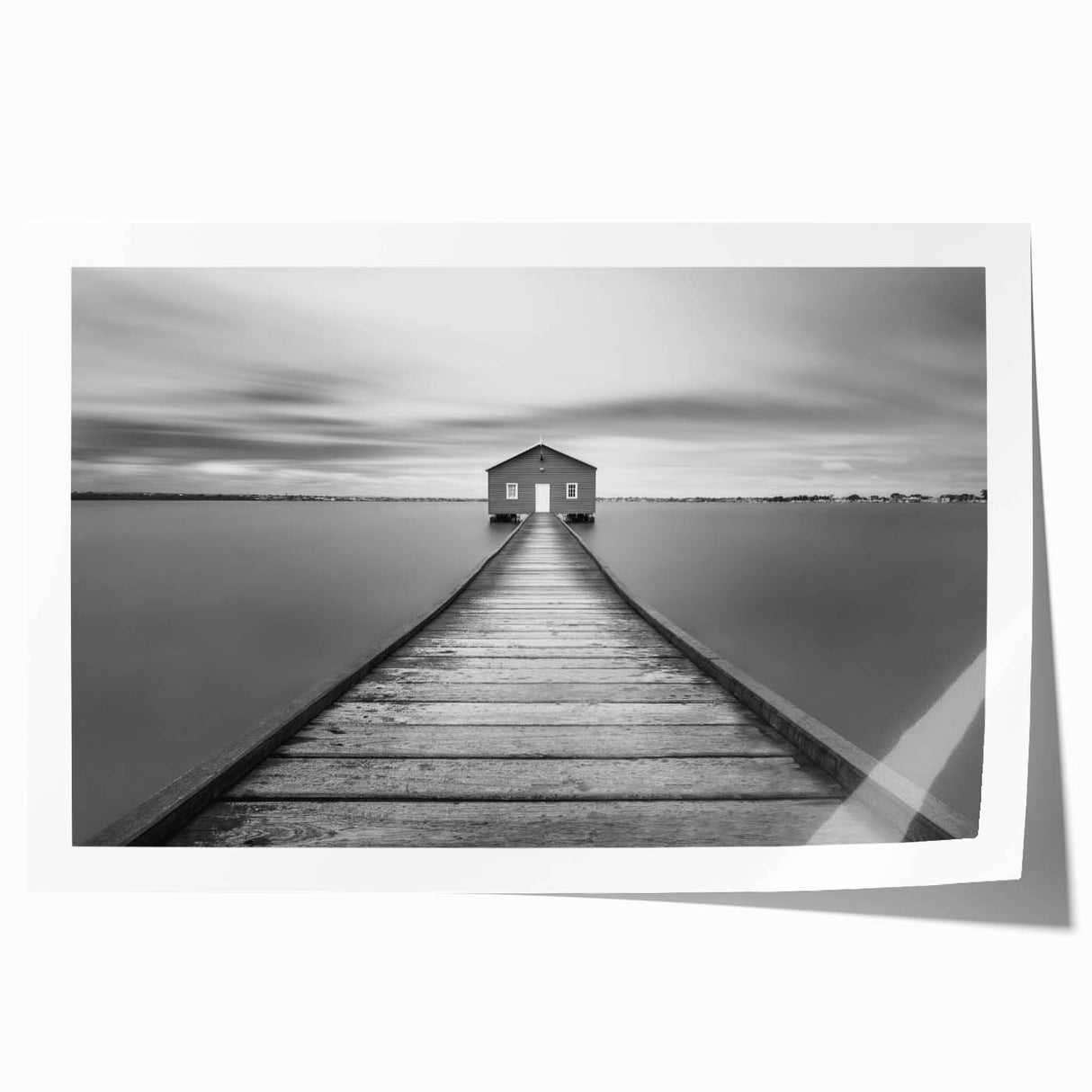 Serene Pier and Solitary House – Minimalist Black & White Wall Art