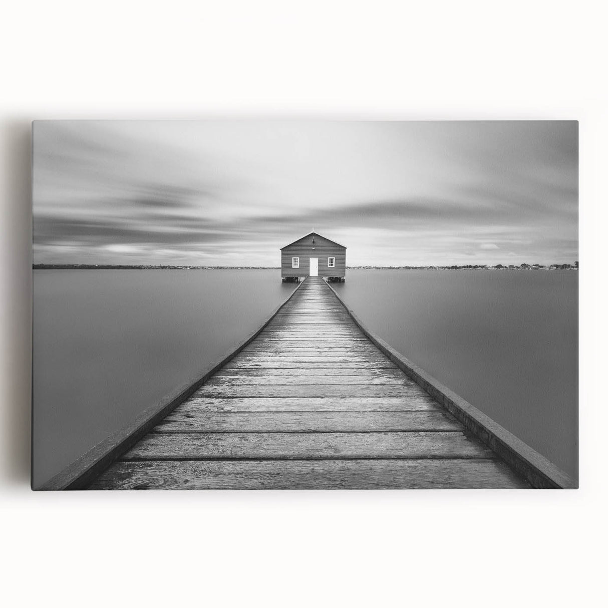 Serene Pier and Solitary House – Minimalist Black & White Wall Art