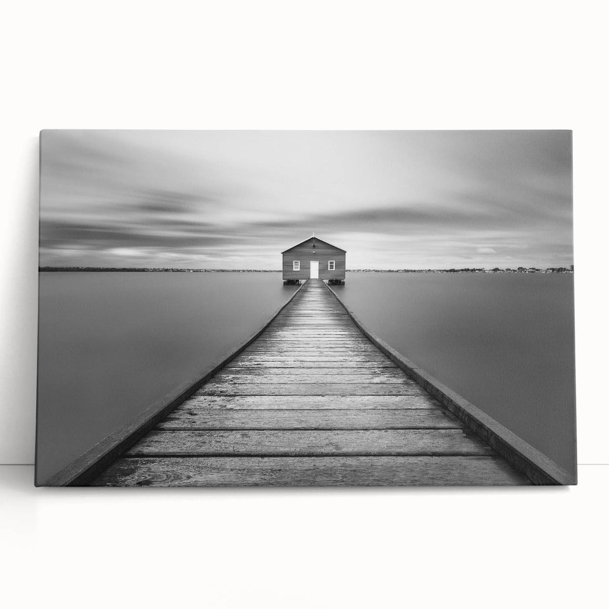 Serene Pier and Solitary House – Minimalist Black & White Wall Art