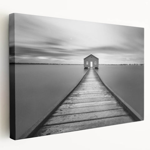 Serene Pier and Solitary House – Minimalist Black & White Wall Art