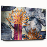 Contemporary Framed Abstract Art – Gold Lotus Over Blue Textures