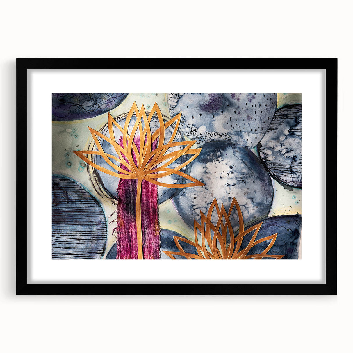 Contemporary Framed Abstract Art – Gold Lotus Over Blue Textures