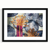 Contemporary Framed Abstract Art – Gold Lotus Over Blue Textures