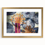 Contemporary Framed Abstract Art – Gold Lotus Over Blue Textures