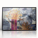 Contemporary Framed Abstract Art – Gold Lotus Over Blue Textures