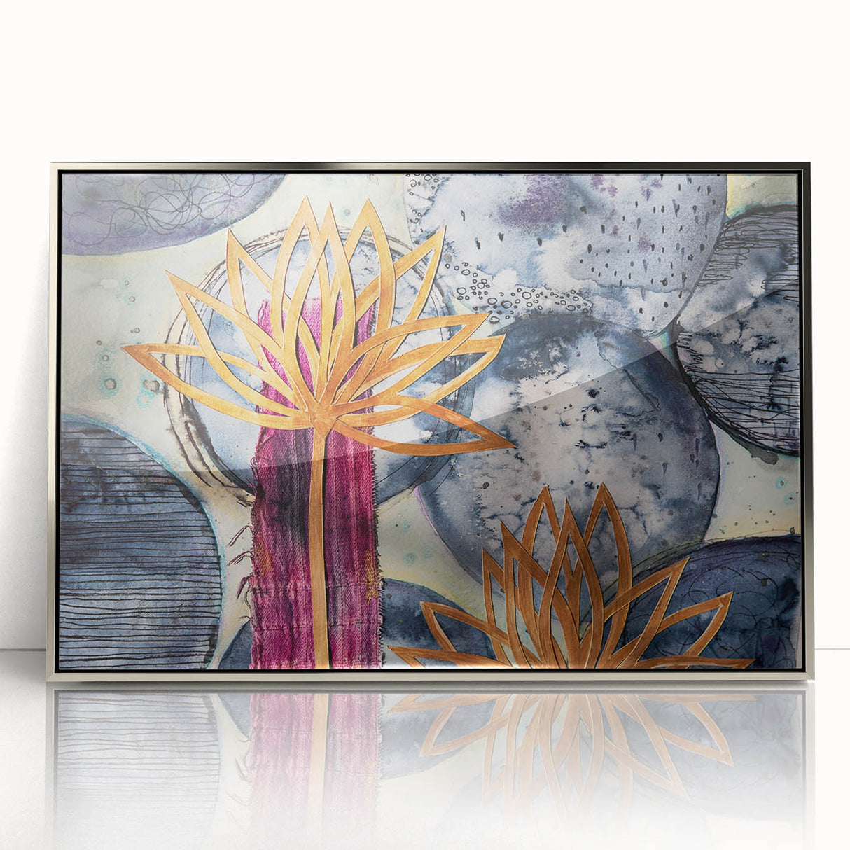 Contemporary Framed Abstract Art – Gold Lotus Over Blue Textures