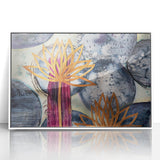 Contemporary Framed Abstract Art – Gold Lotus Over Blue Textures