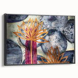 Contemporary Framed Abstract Art – Gold Lotus Over Blue Textures
