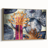 Contemporary Framed Abstract Art – Gold Lotus Over Blue Textures