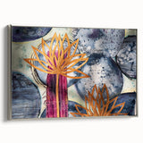 Contemporary Framed Abstract Art – Gold Lotus Over Blue Textures