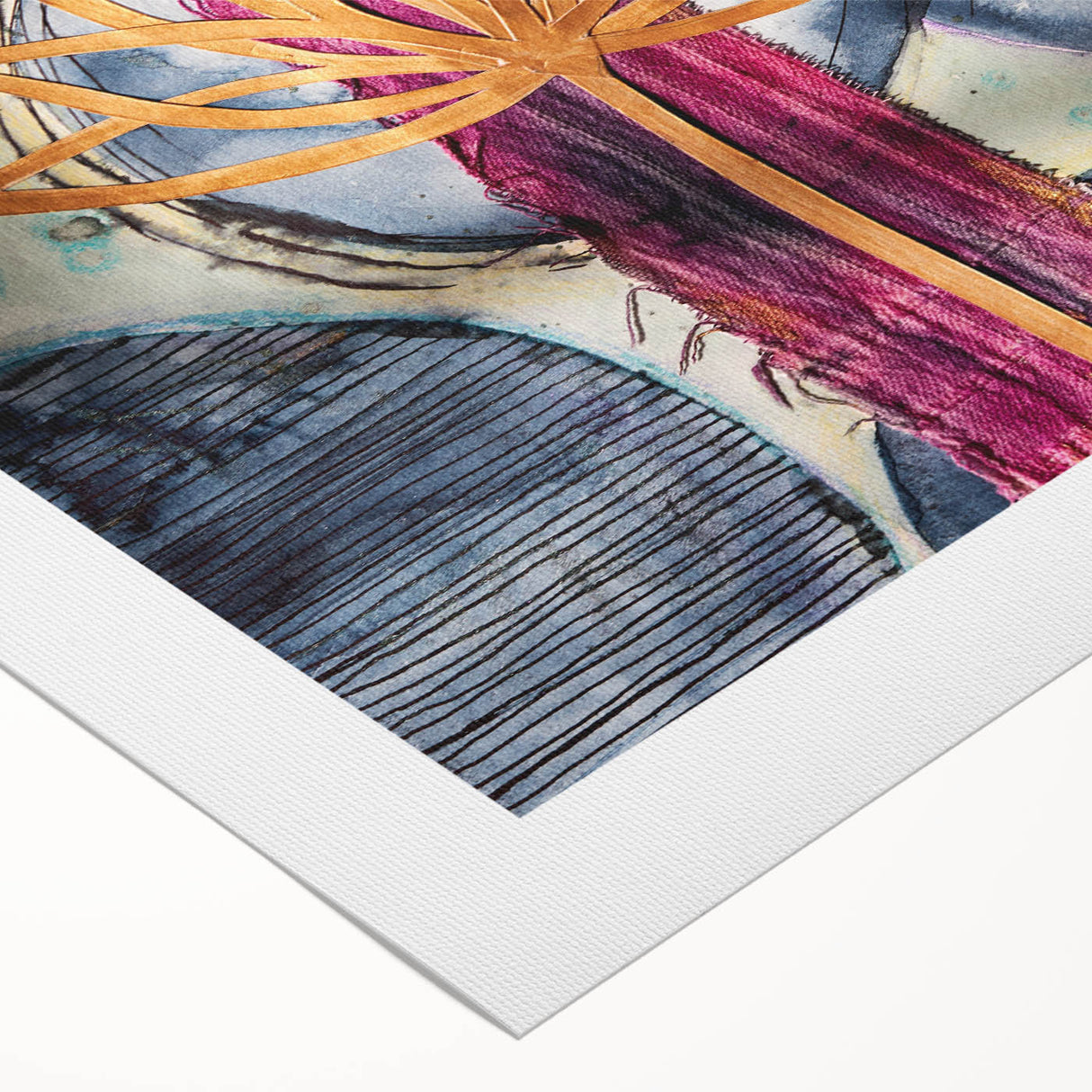 Contemporary Framed Abstract Art – Gold Lotus Over Blue Textures