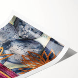 Contemporary Framed Abstract Art – Gold Lotus Over Blue Textures