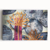 Contemporary Framed Abstract Art – Gold Lotus Over Blue Textures