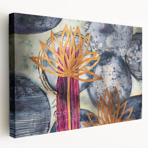 Contemporary Framed Abstract Art – Gold Lotus Over Blue Textures