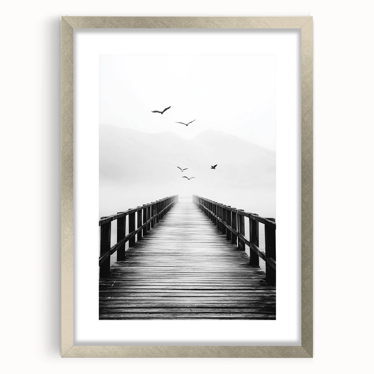 Misty Pier with Birds - Fine Art Photography Framed Prints