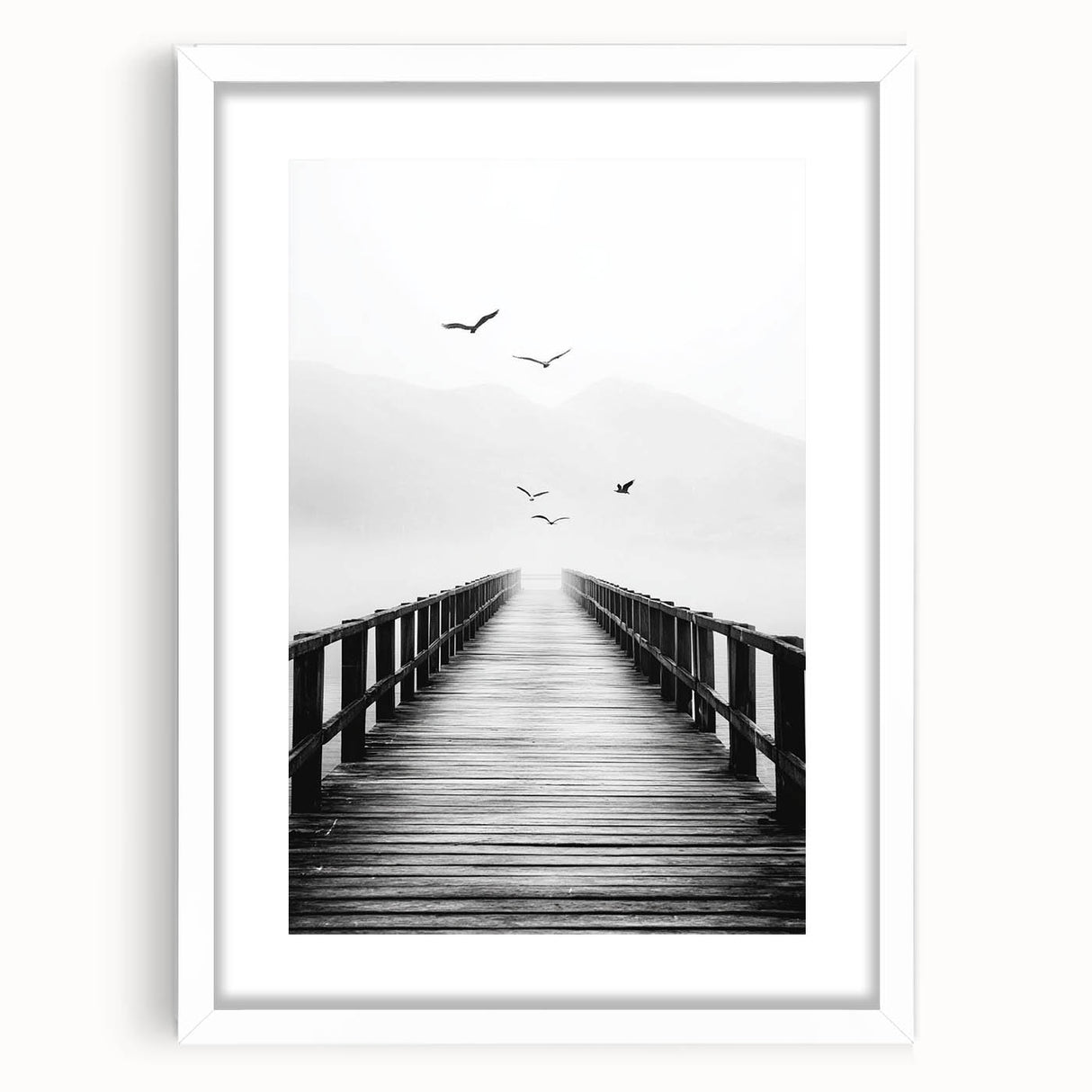 Misty Pier with Birds - Fine Art Photography Framed Prints