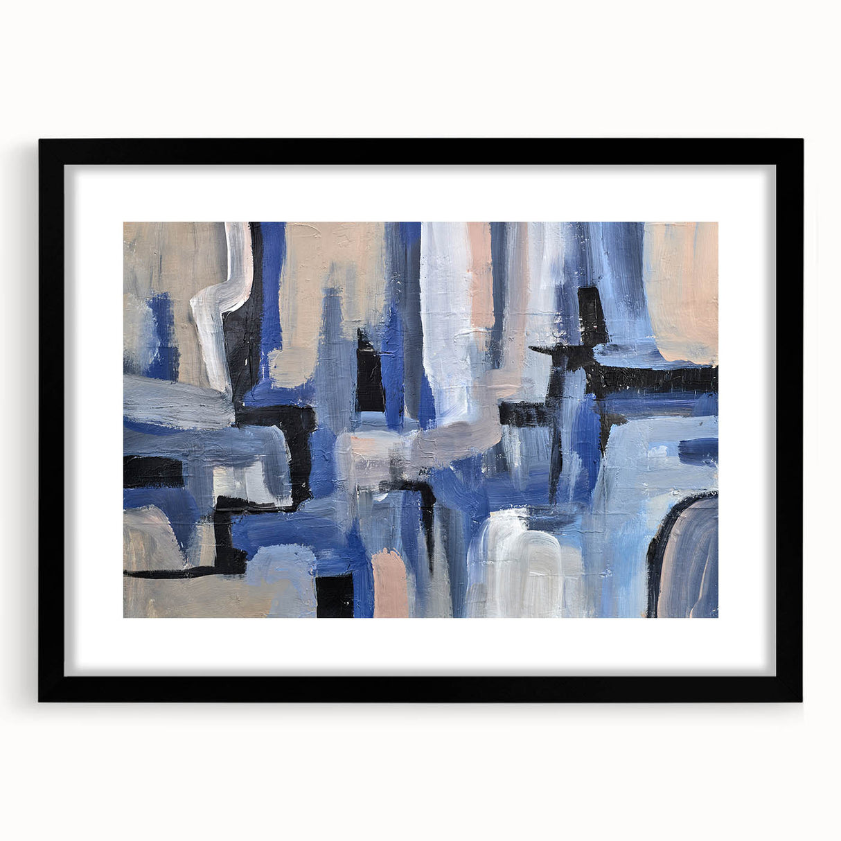 Geometric Abstract Paintings - Blue & Beige Modern Wall Art