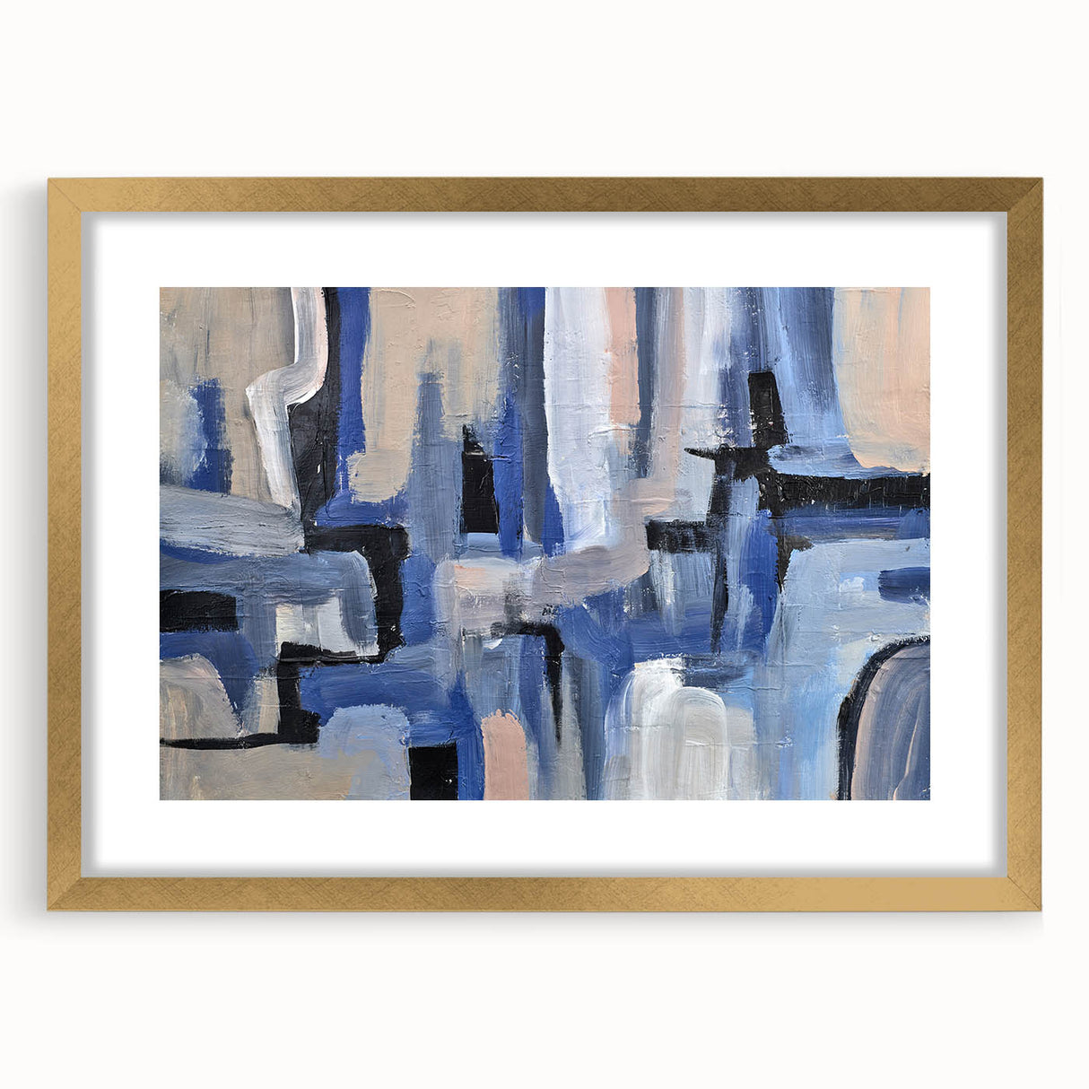 Geometric Abstract Paintings - Blue & Beige Modern Wall Art