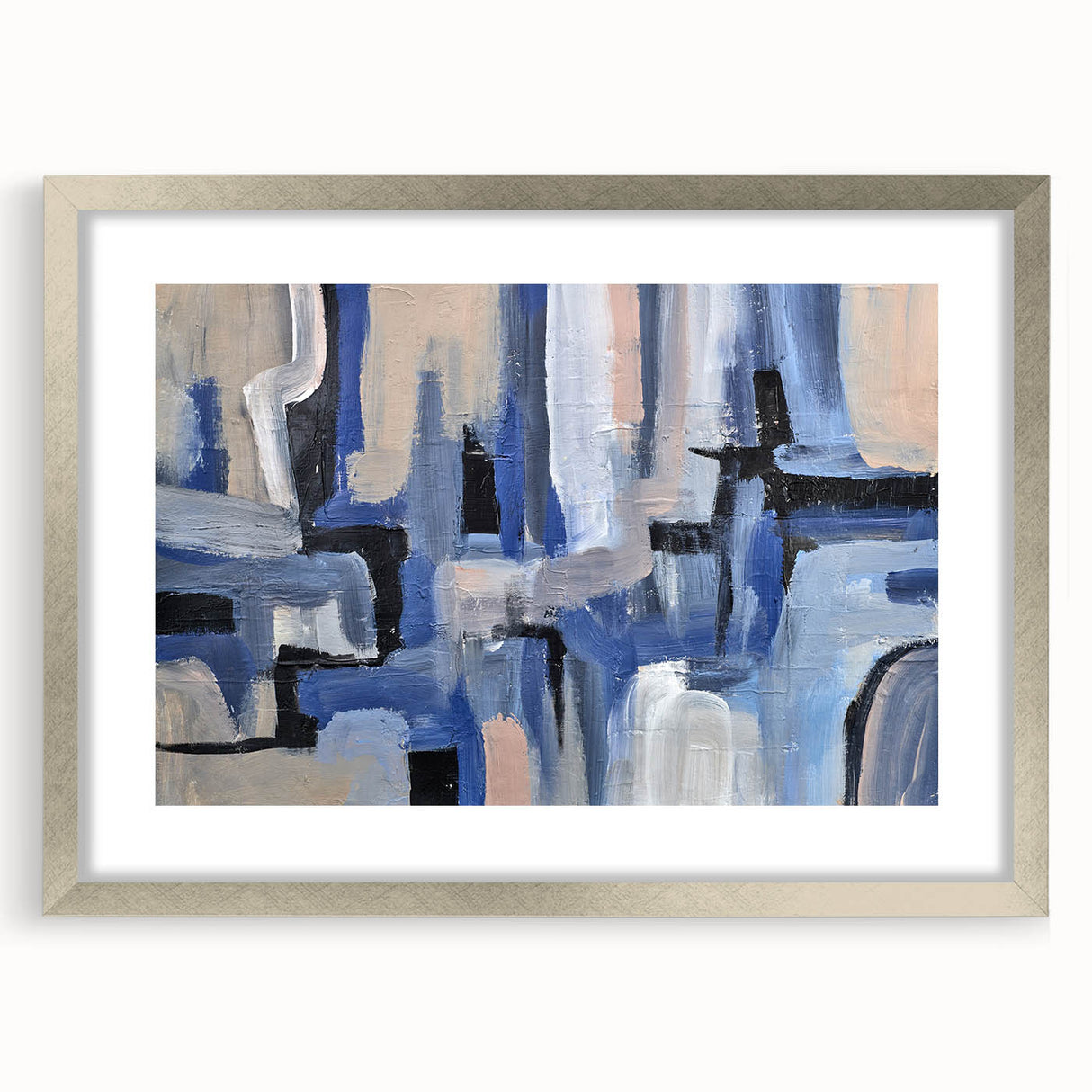 Geometric Abstract Paintings - Blue & Beige Modern Wall Art