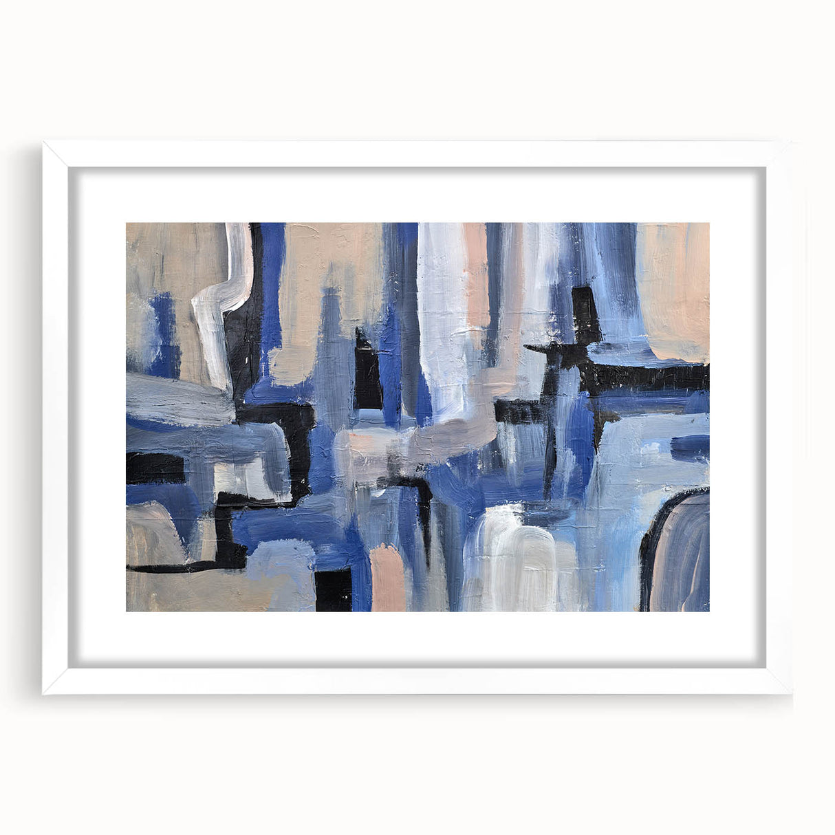 Geometric Abstract Paintings - Blue & Beige Modern Wall Art