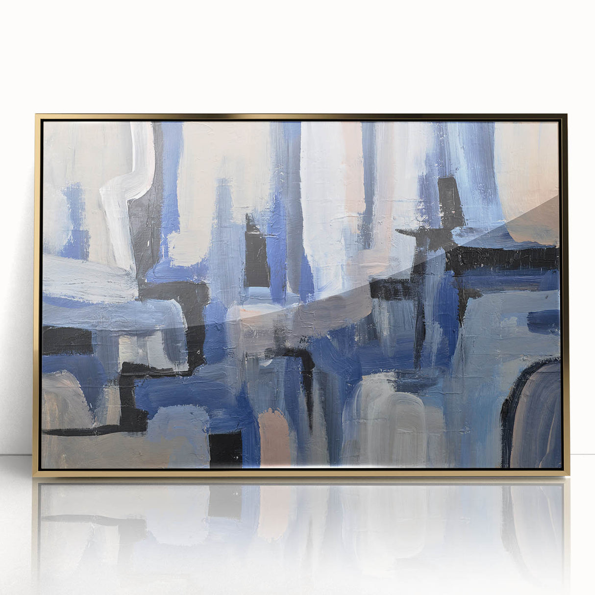 Geometric Abstract Paintings - Blue & Beige Modern Wall Art