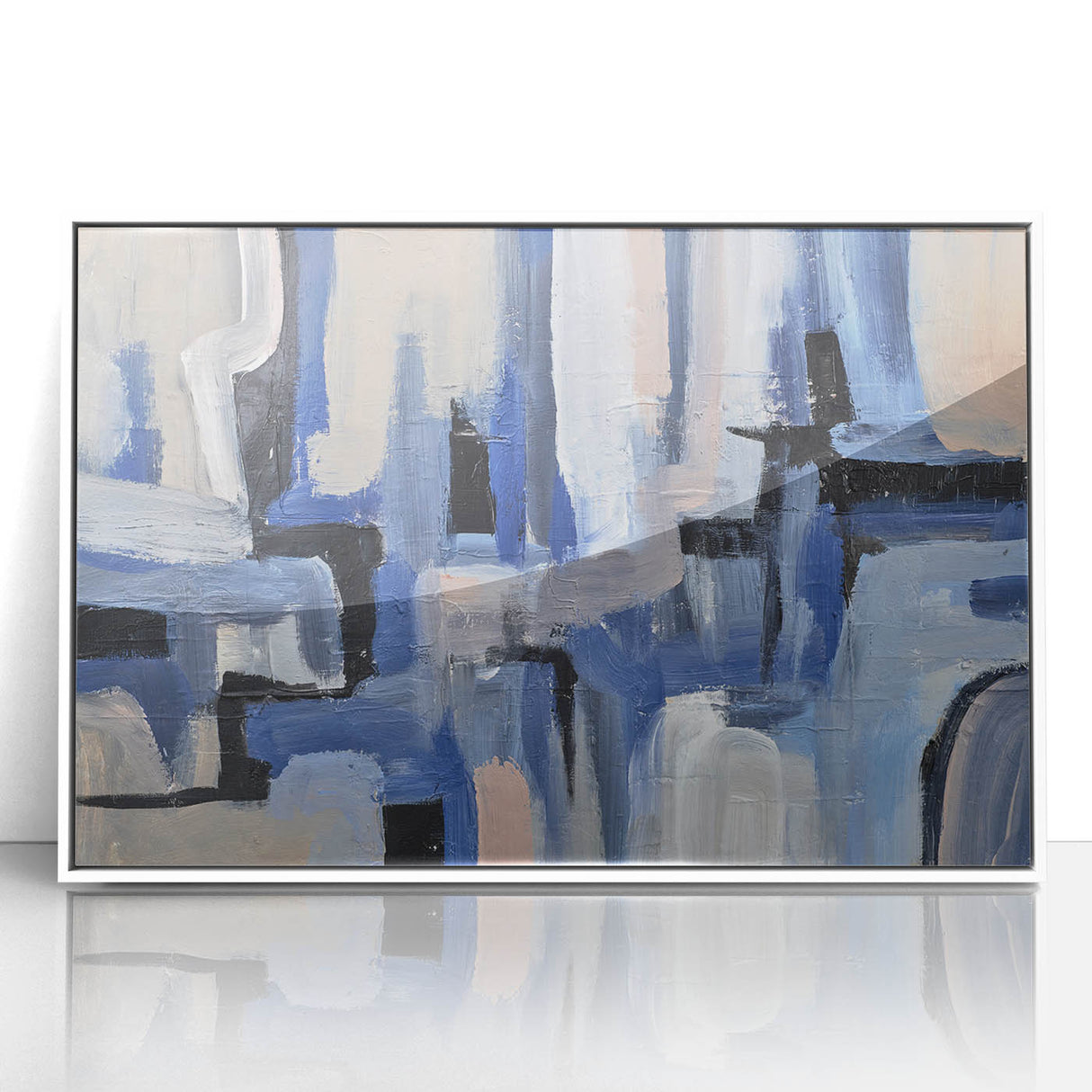 Geometric Abstract Paintings - Blue & Beige Modern Wall Art