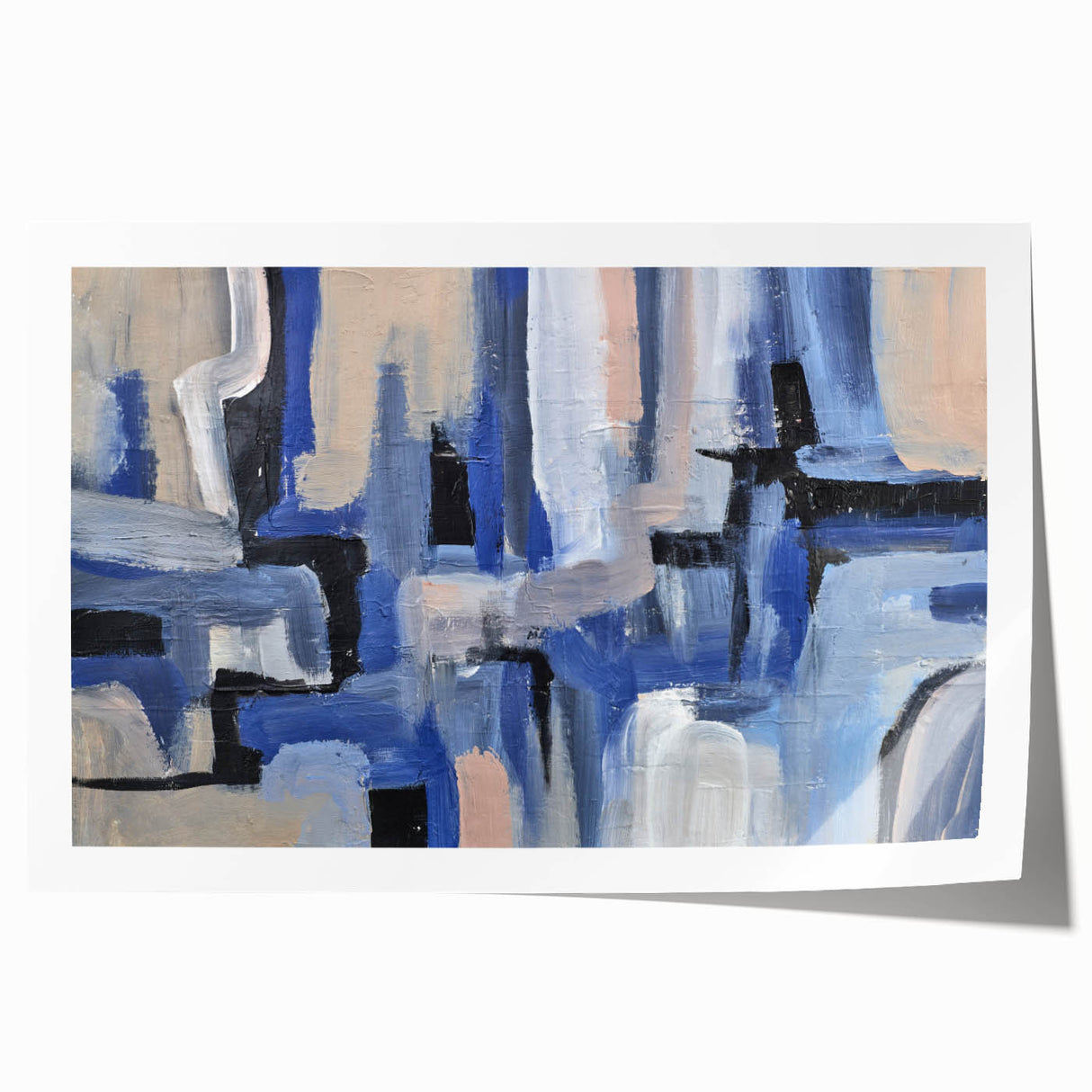 Geometric Abstract Paintings - Blue & Beige Modern Wall Art