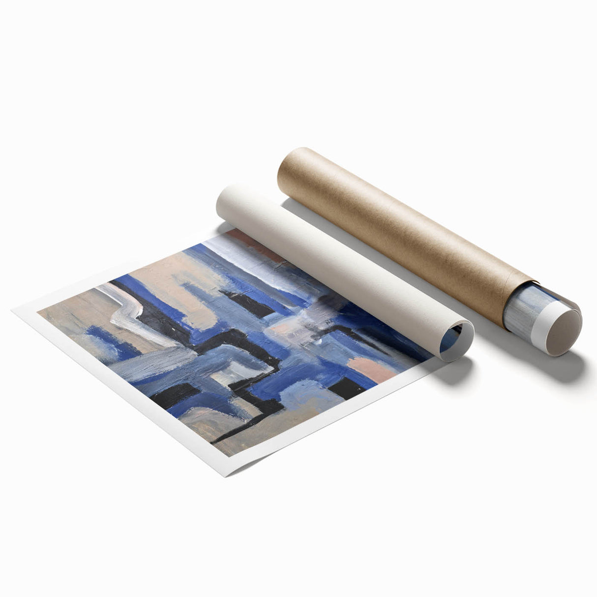 Geometric Abstract Paintings - Blue & Beige Modern Wall Art