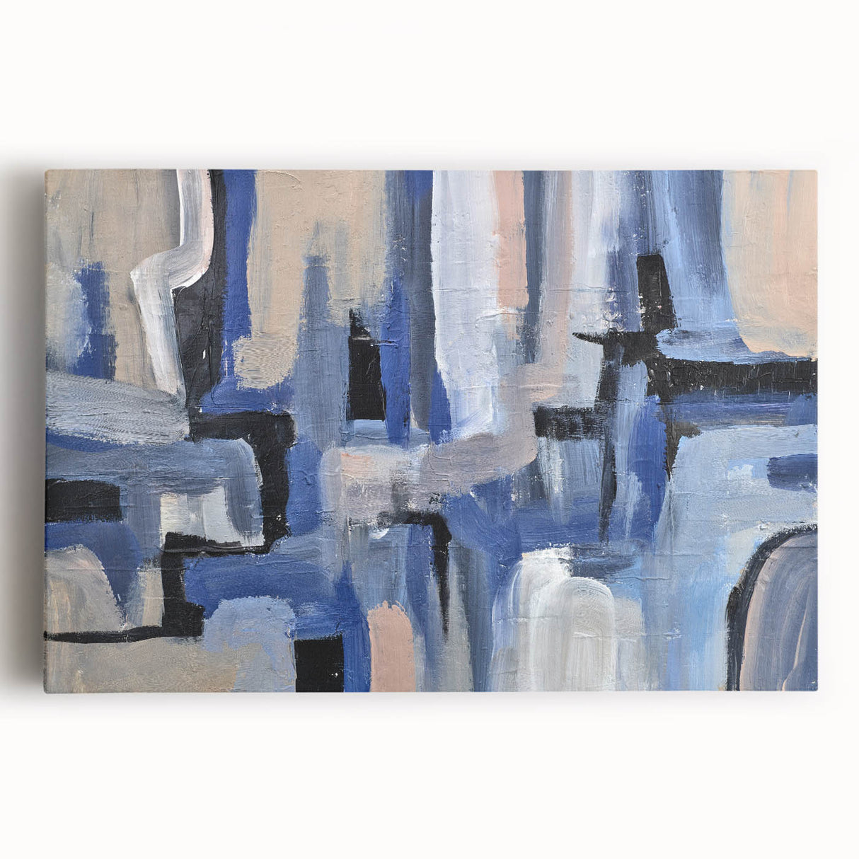 Geometric Abstract Paintings - Blue & Beige Modern Wall Art